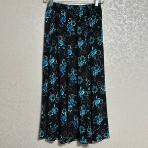 Liz Baker Essentials Floral Flare Maxi Skirt 100% Rayon Boho Black Blue Petite S